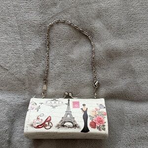 Paris-Print White Clutch Bag with Chain Strap